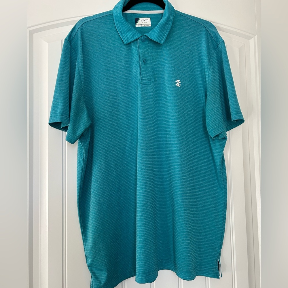 Izod Golf shirt; size L, aqua blue color with faint stripes. Good used condition